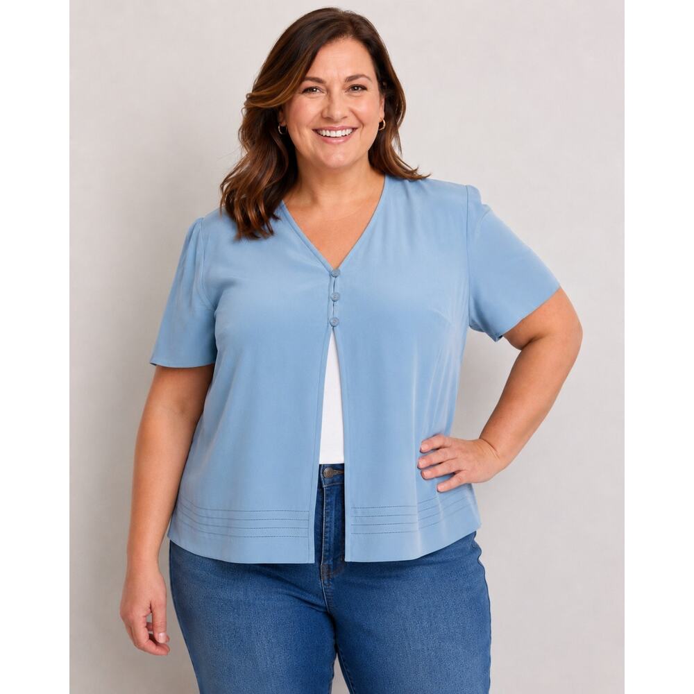 Vintage Talbots Top Women 22 W Front Button Short Sleeve Pure Silk Blue Cardigan